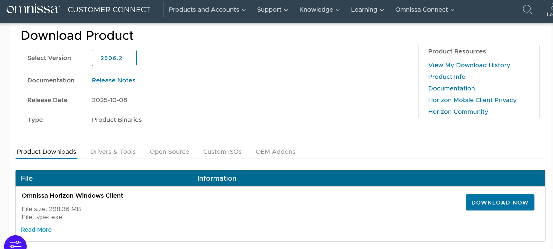 Skjermbilde som viser nedlastning av Omnissa Horizon Windows Client