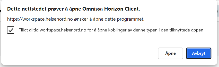 Et skjermbilde fra en datamaskin som viser dialogboks med teksten "Dette nettstedet prøver å åpne Omnissa Horizon Client".