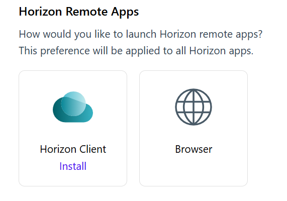 Skjermbilde som viser teksten "How would you like to launch Horizon remote apps?"